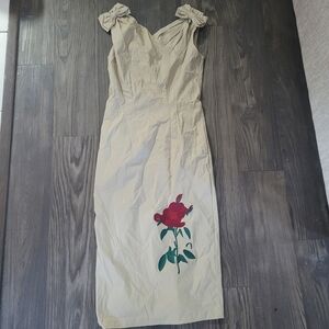 Tatyana Ambrose Retro 1950's Double Bow Pinup Pencil Dress embroidered rose